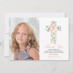 Peach Floral Cross First Holy Communion Thank You Card