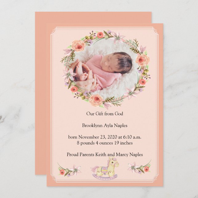 Peach Floral Design Birth Announcement (Front/Back)