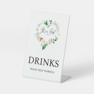Peach Floral Drinks Baby Shower  Pedestal Sign