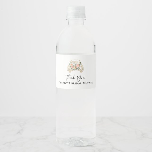 Peach Floral Drive By Bridal Shower Water Bottle Label (Front)
