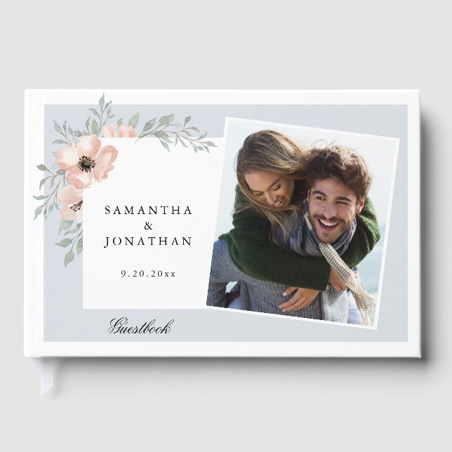 Peach Floral Dusty Blue 2 Photos Wedding Guest Book (Front)