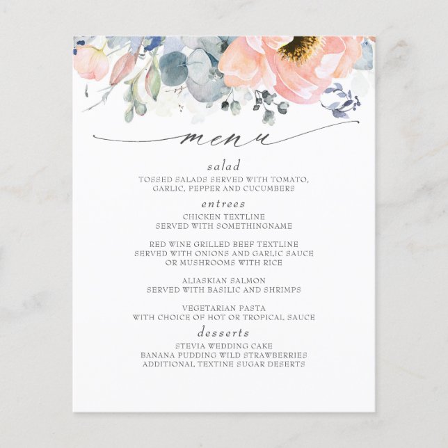 Peach Floral Dusty Blue Wedding Menu (Front)
