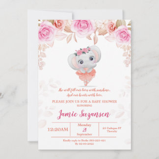 Peach Floral Elephant Baby Shower Girl Invitation