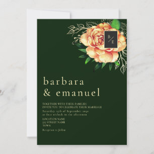 Peach Floral Emerald Green Wedding Invitation