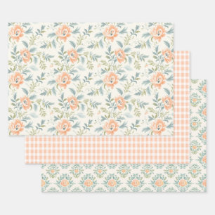 Peach Floral Gingham Flower Wrapping Paper