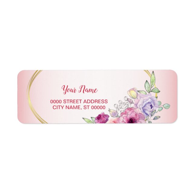 Peach Floral Gold Geometric Wedding Return Address (Front)