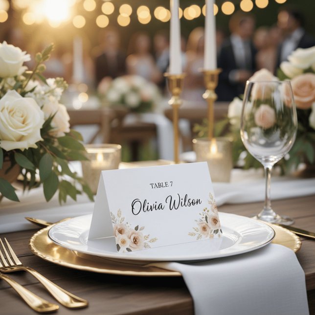 Peach Floral Gold Minimalist Wedding Place Card (Creator Uploaded)