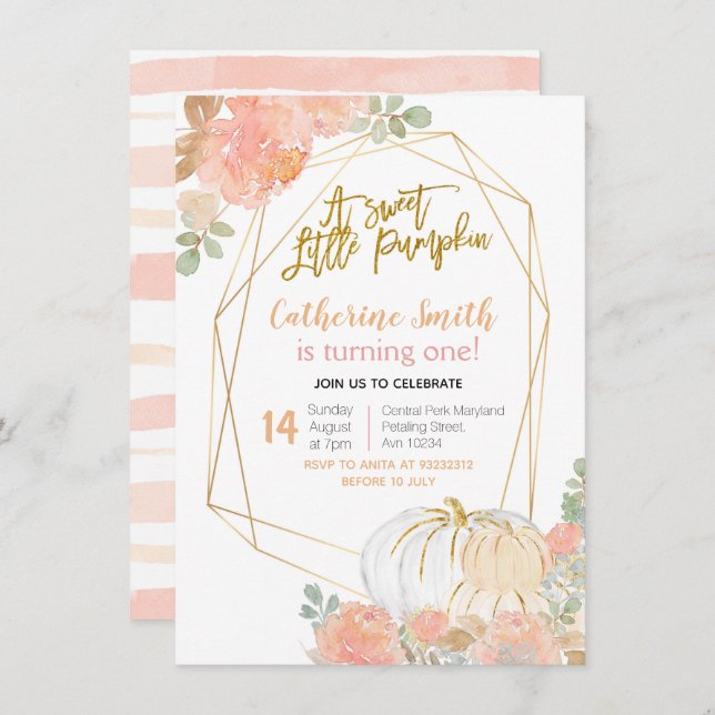 Peach Floral Gold Pumpkin 1st Birthday Invitation (Front/Back)