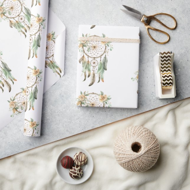 Peach Floral Green Dream Catcher Birthday  Wrapping Paper (Crafts)