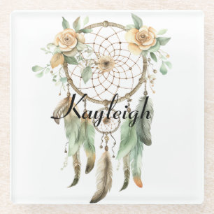 Peach Floral Green Dream Catcher   Glass Coaster