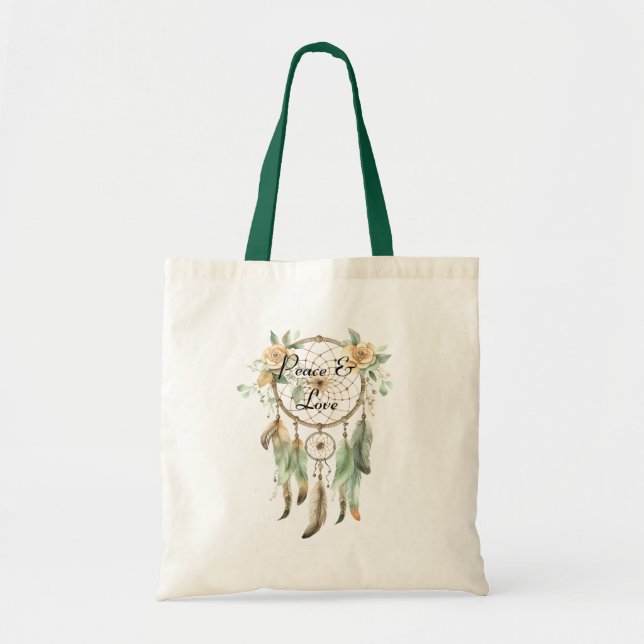 Peach Floral Green Dream Catcher   Tote Bag (Front)