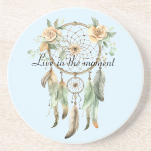 Peach Floral Green Feathers Dream Catcher Coaster