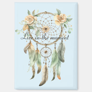Peach Floral Green Feathers Dream Catcher Magnet