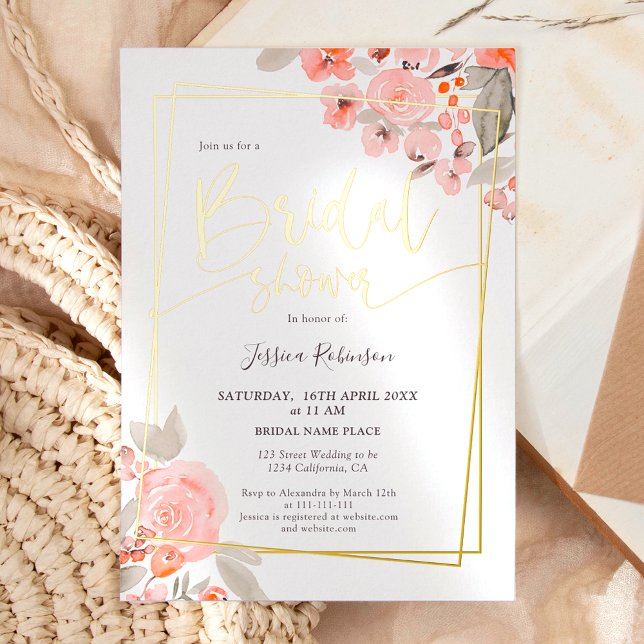 Peach floral greenery gold script bridal shower (Peach floral greenery gold script bridal shower foil invitation)