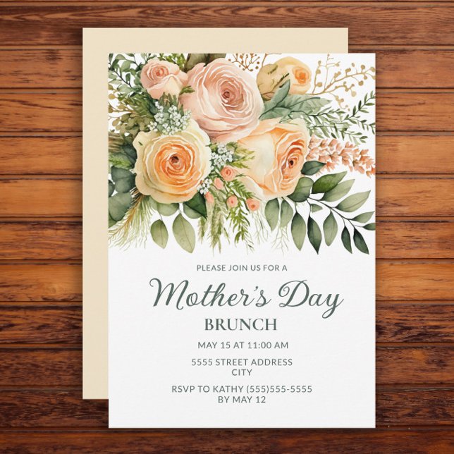 Peach Floral Greenery Mother's Day Brunch Invitation (Peach floral and greenery Mother's Day Brunch invitation)