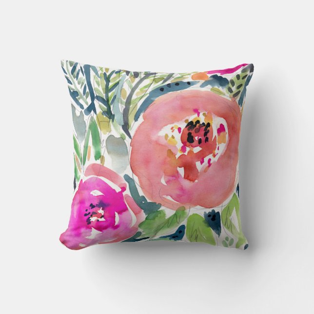 Peach Floral / Gypsy Boho Watercolor Throw Pillows (Front)