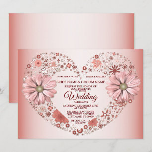 Peach Floral Heart Modern Wedding Invitation