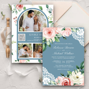 Peach Floral Lace Dusty Blue QR Code Wedding Invitation