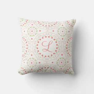 Peach Floral Mandala Initial Throw Pillow