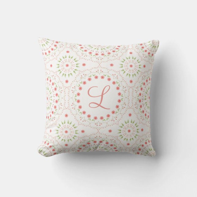 Peach Floral Mandala Initial Throw Pillow (Front)