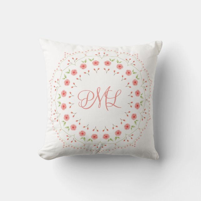 Peach Floral Mandala Initials Throw Pillow (Front)
