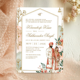 Peach Floral Modern Gold Arch Sikh Wedding Invitation