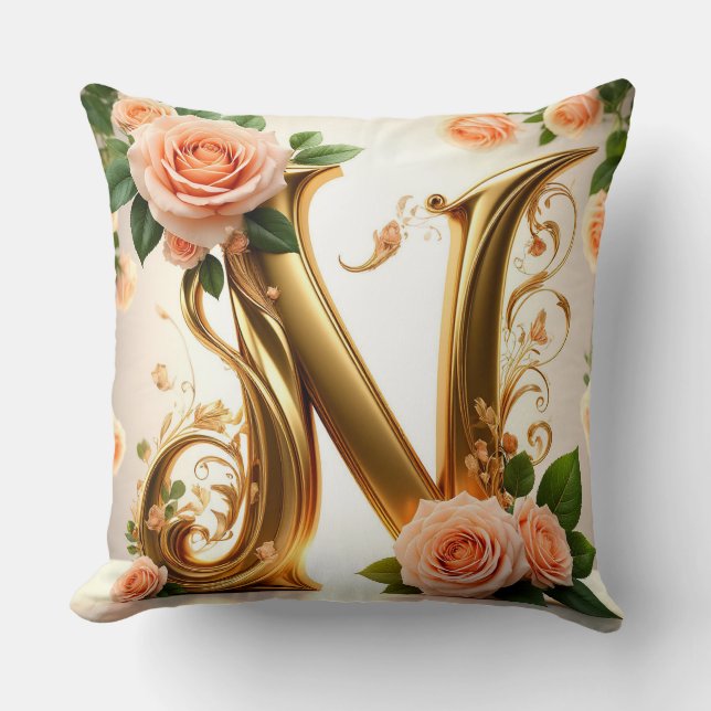 🌷 Peach Floral Monogram N Decor 🌼 Cushion (Front)