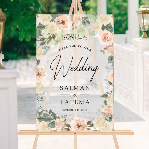 Peach Floral Muslim Wedding Welcome Frosted Acrylic Sign