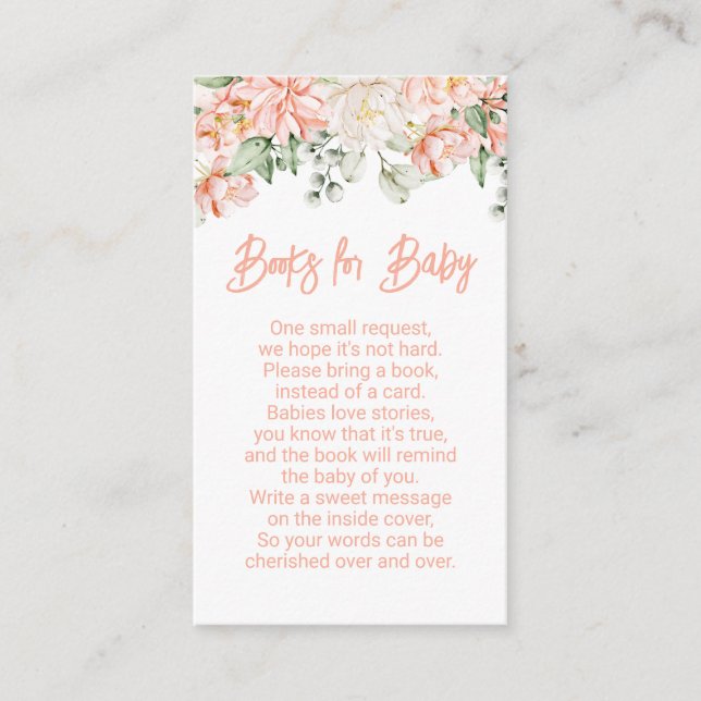 Peach Floral Neutral Baby Shower Books for Baby Enclosure Card (Front)