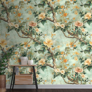Peach Floral on Green Background Chinoiserie Style Wallpaper