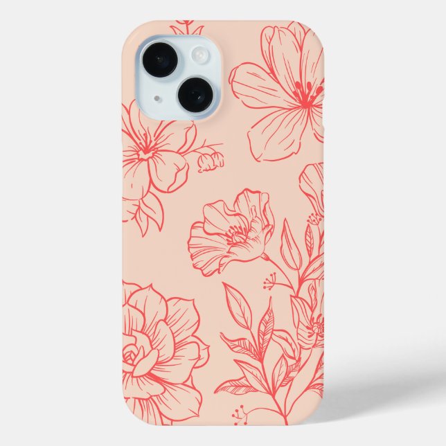 Peach Floral Outline' iPhone 15 Case (Back)