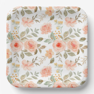 Peach Floral Paper Plates, Watercolor Botanical Plate