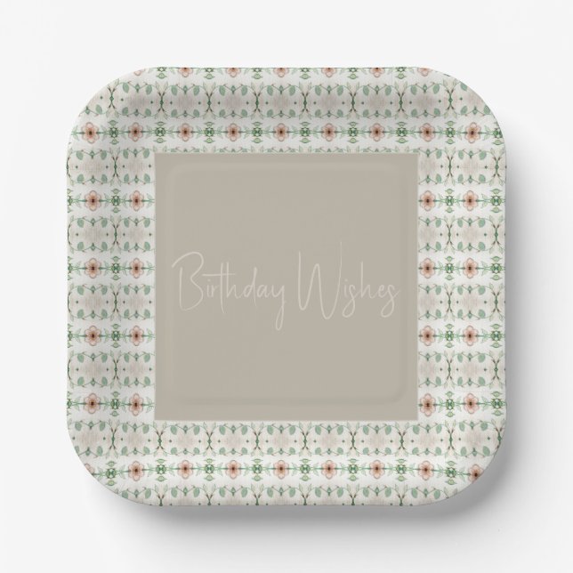Peach Floral Patterned Square Paper Plate (Front)