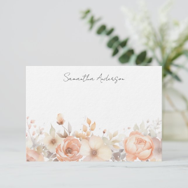 Peach Floral Personalised Flat Note Card (Standing Front)
