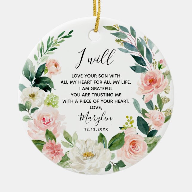 Peach Floral Personalised Mother of the Groom Ceramic Tree Decoration (Front)