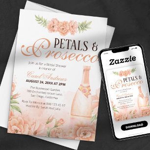 Peach Floral Petals & Prosecco Bridal Shower Invitation