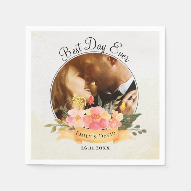 Peach Floral Photo Best Day Ever Wedding Party  Napkin (Front)