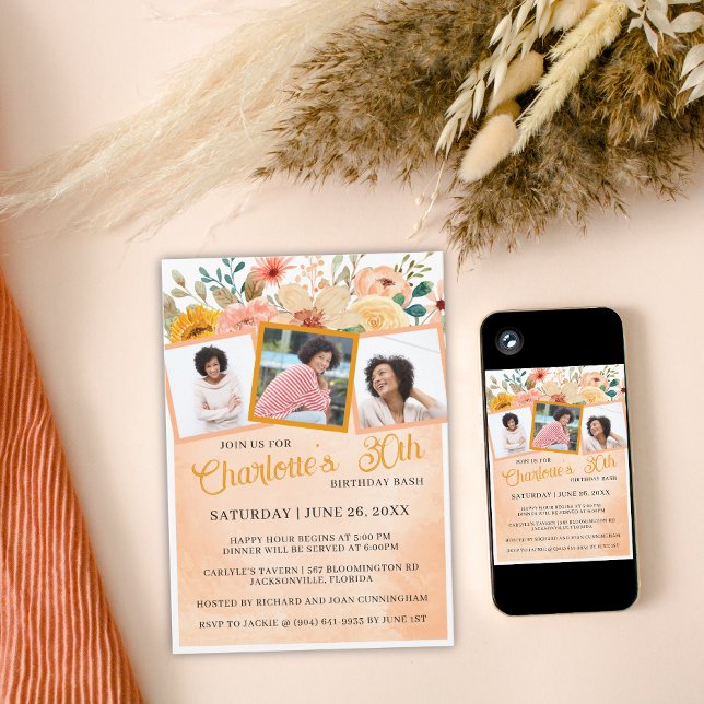 Peach Floral Photo Birthday Bash Party Invite (Creator Uploaded)