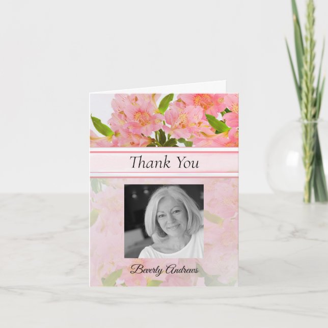 Peach Floral Photo Memorial Thank You Note Card (Front)