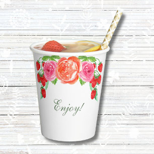 Peach Floral Pink Peony Bridal Brunch Paper Cups