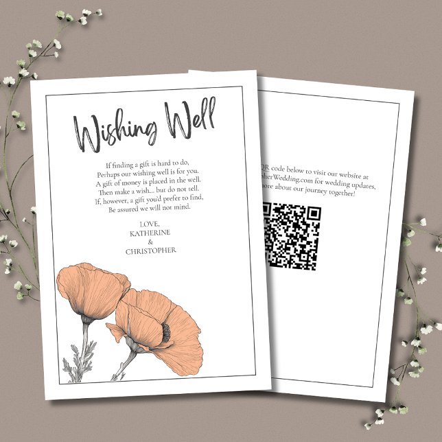 Peach Floral Poppies Elegant Wedding Wishing Well Enclosure Card (Peach Poppies Wishing Well In Lieu of Gifts Enclosure Card with QR Code for Wedding Website.)