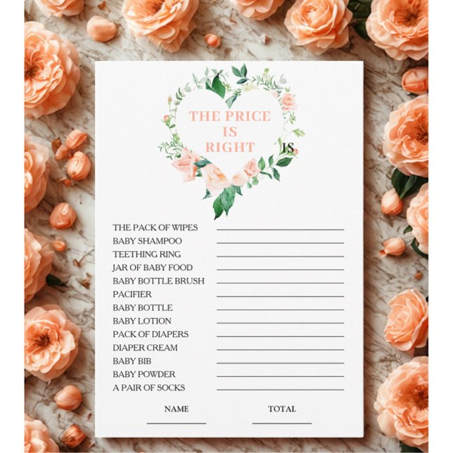 Peach Floral Price is Right Baby Shower Game Card  (Creator Uploaded)
