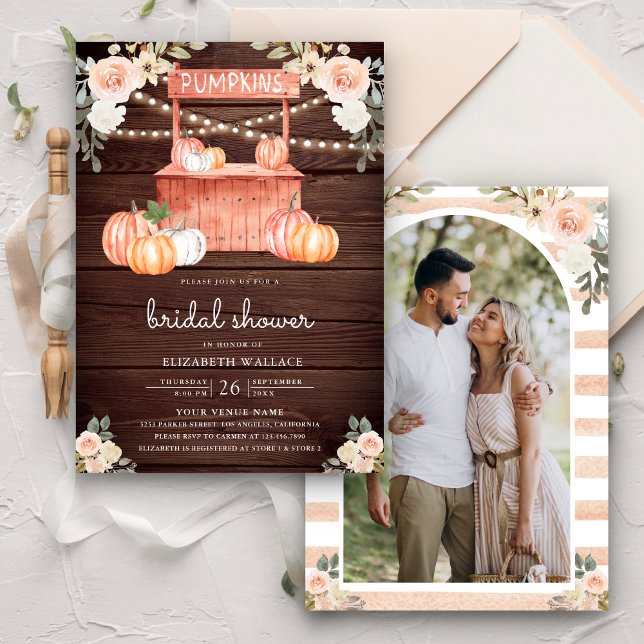 Peach Floral Pumpkin Market Wood Bridal Shower Invitation (Creator Uploaded)