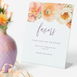 Peach Floral Purple Wedding Favours Please Take On Pedestal Sign
