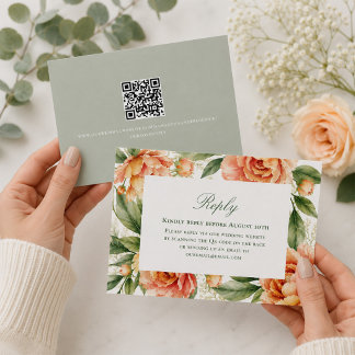 Peach Floral QR Code Wedding Guest Reply RSVP Card