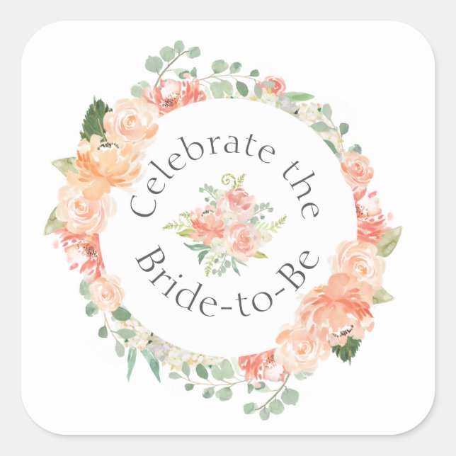 Peach Floral Ring Bridal Shower Square Sticker (Front)