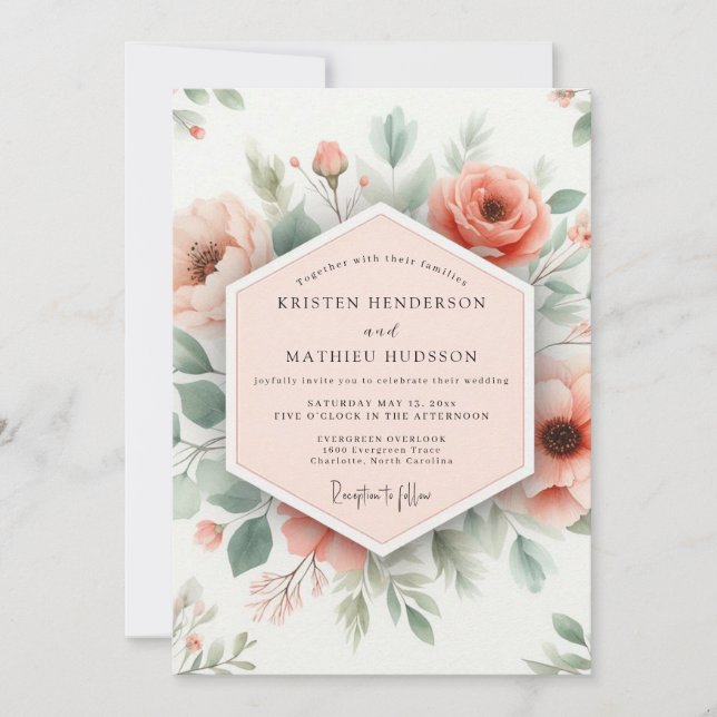 Peach Floral Romantic Wedding Invitation (Front)