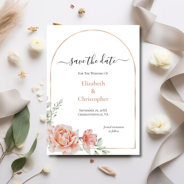 Peach Floral Rose Gold Arch Wedding Save the Date Invitation (Peach Floral Elegant Watercolor Rose Gold Arch Wedding Save the Date card)