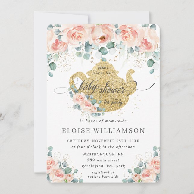 Peach Floral Rose Greenery Baby Shower Tea Party Invitation (Front)