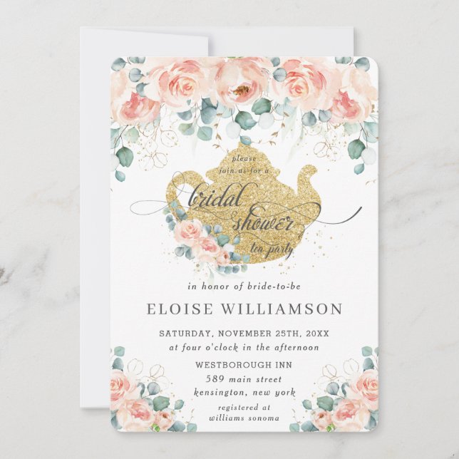 Peach Floral Rose Greenery Bridal Shower Tea Party Invitation (Front)